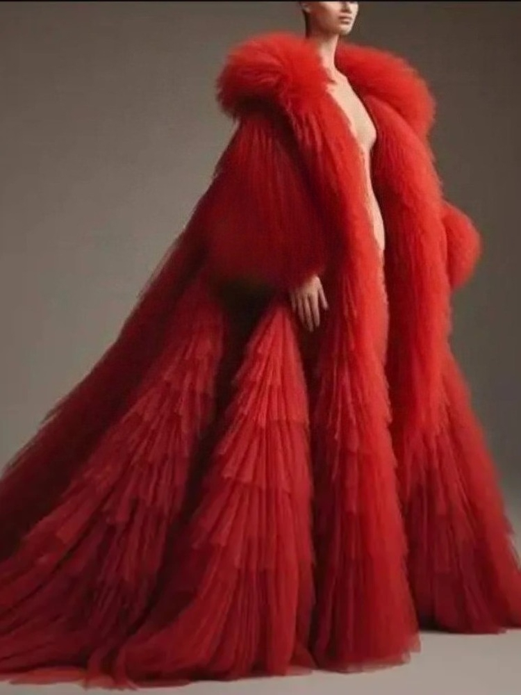 Women Fashion Reddit - Jubah Lengan Panjang Berlipit Ruffle Merah,