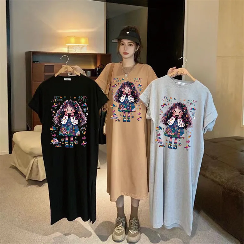 Women Fashion Drawing - Gaun jahitan leher bulat kasual sederhana