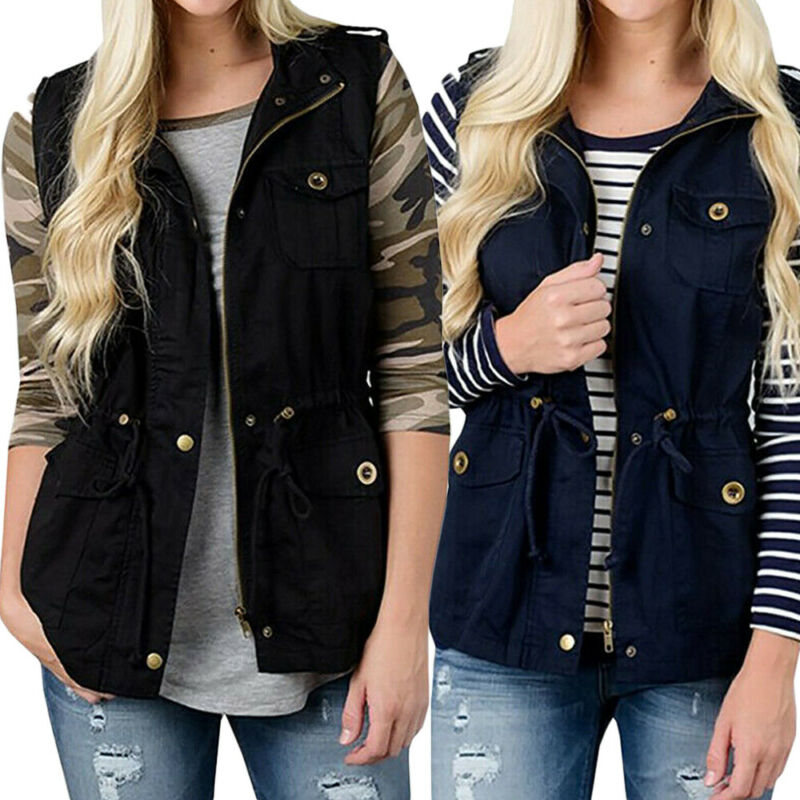 Women'S Fashion Utility Vest - Fashion Wanita Rompi Olive Kargo Utilitas